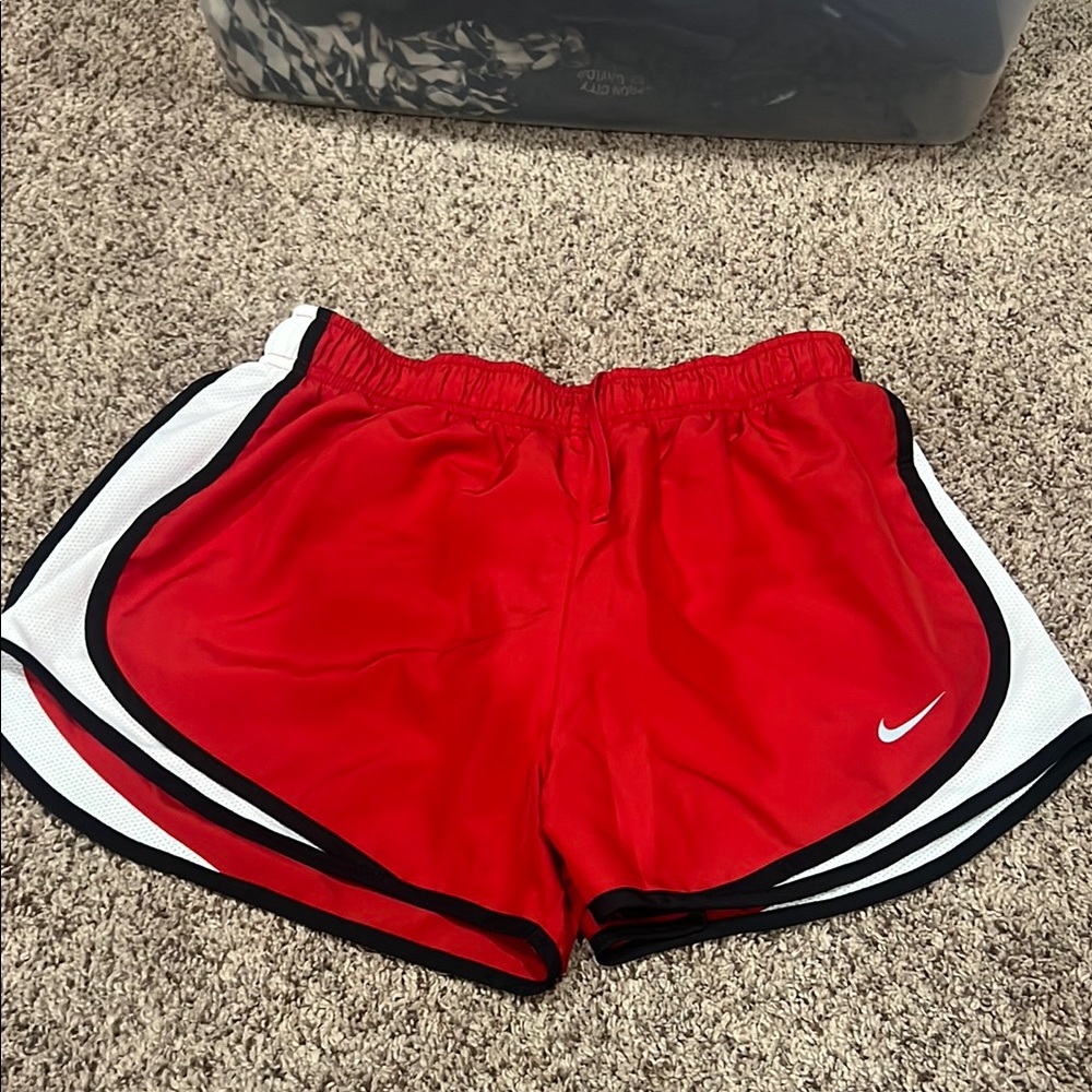 Nike Red and White Athletic Shorts with Swoosh Logo